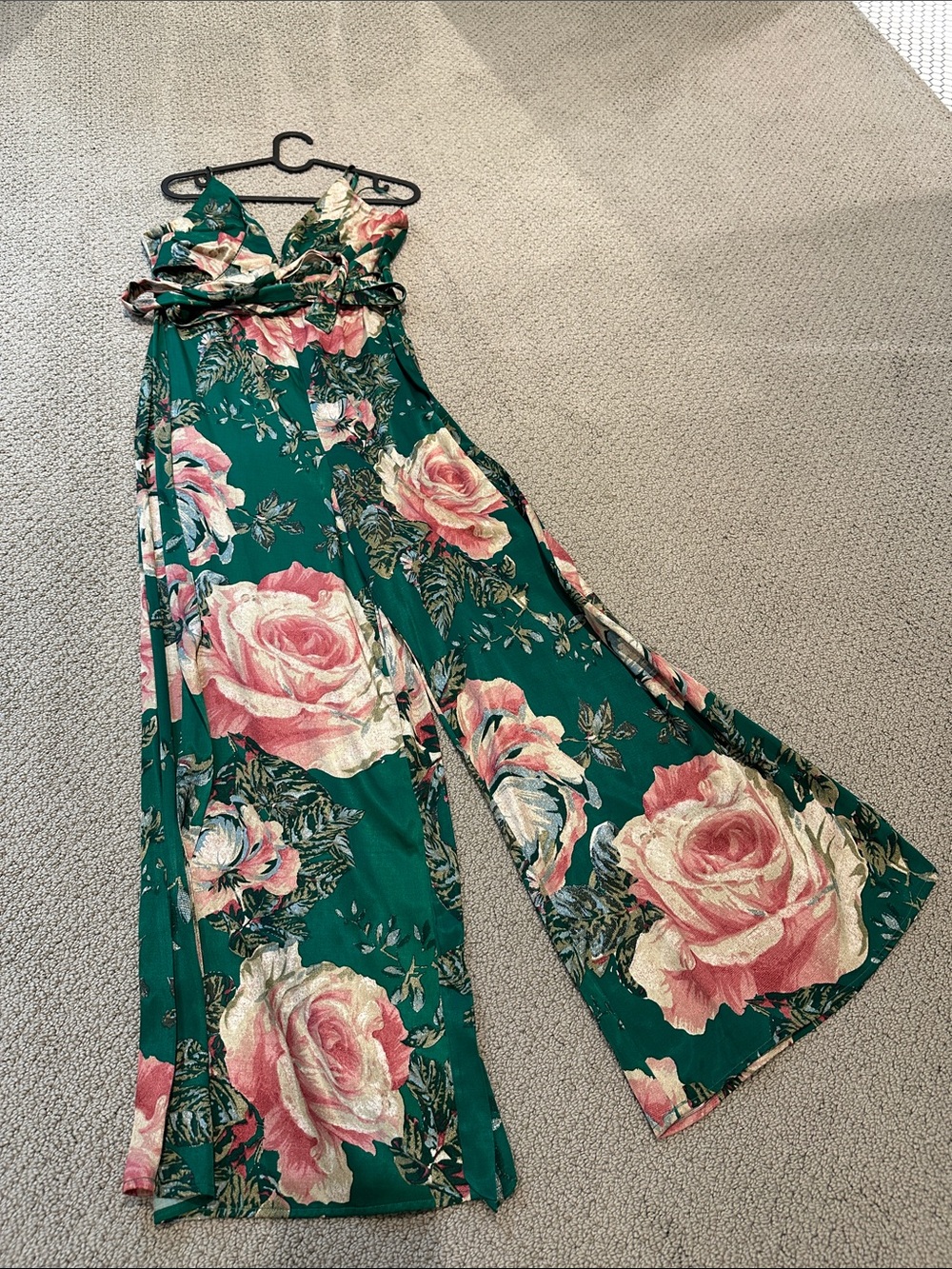 Free People Emerald Green Floral Wide-Leg Jumpsuit with Pink Roses